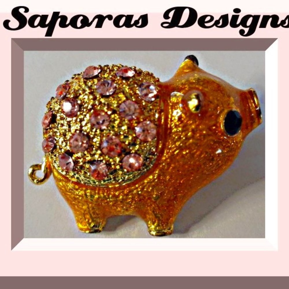 Gold Tone Pig Design Brooch With Pink Crystals For Women